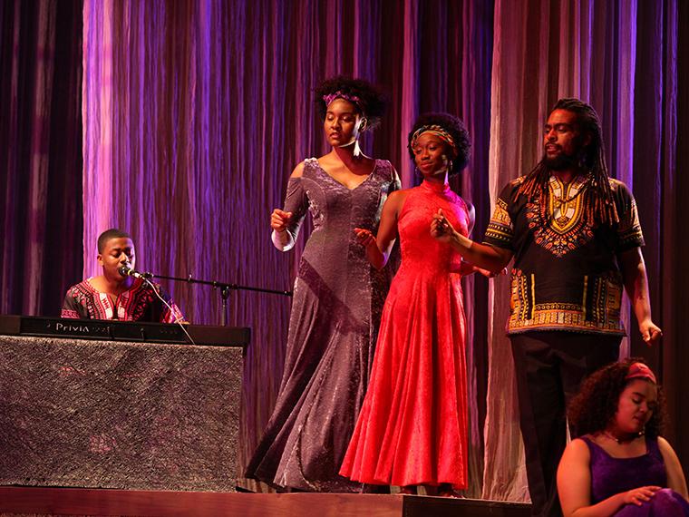 Andre Cardine as Man in Black, Daniella Pruitt as Lady in Grey, Amara Granderson as Lady in Red, Khalid Taylor as Man in Black, Chandler Browne as Lady in Purple in for colored girls who have considered suicide / when the rainbow is enuf, written by Ntozake Shange, Directed by Caroline Jackson Smith, Hall Auditorium, Apr 13-16, 2017