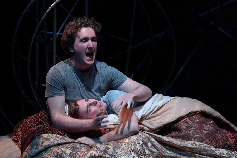 Kieran Minor as Louis Ironson, Evan Board as Prior Walter in Angels in America Part One: Millennium Approaches, by Tony Kushner, Directed by Matthew Wright, Hall Auditorium, Apr 12-21, 2018