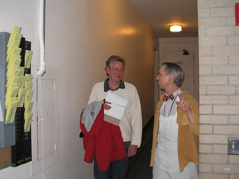 Photo of Matthew Wright and Chris Flaharty backstage at Hall Auditorium for Dancing at Lughnasa, by Brian Friel, Directed by Matthew Wright, Feb 11-13, 2005