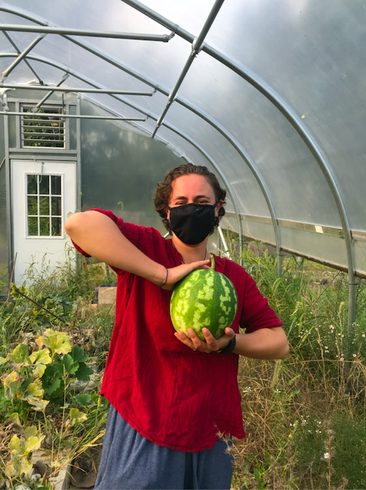 my housemate Piper, masked, holding a watermelon on a greenhouse