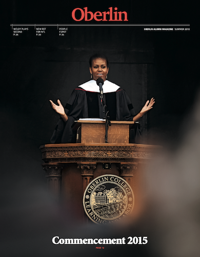 A magazine with Michelle Obama on the cover giving a graduation speech.