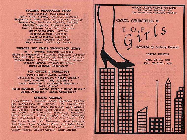 Front and back covers of the program for Top Girls, written by Caryl Churchill, Directed by Zachary Berkman, Little Theater, Feb 18-21, 1993