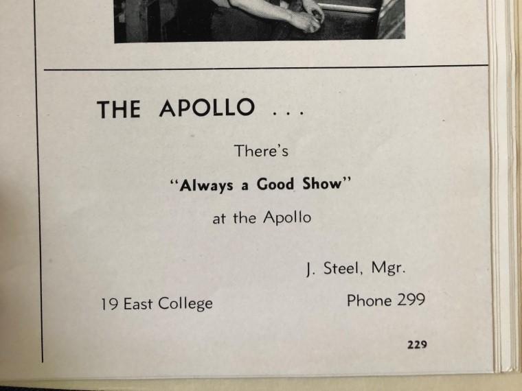 Advertisement for Oberlin's Apollo Theatre in 1945.