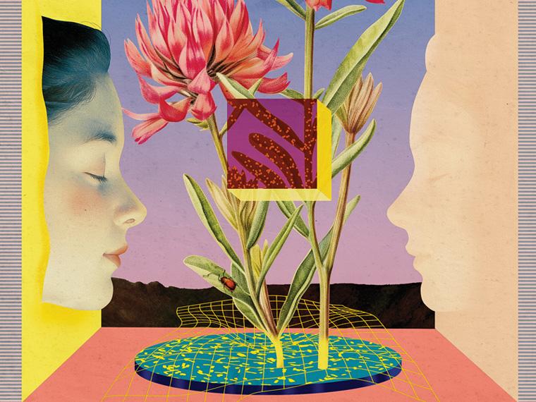 A surreal digital collage featuring a woman’s face with closed eyes on the left and a silhouette of a face on the right.