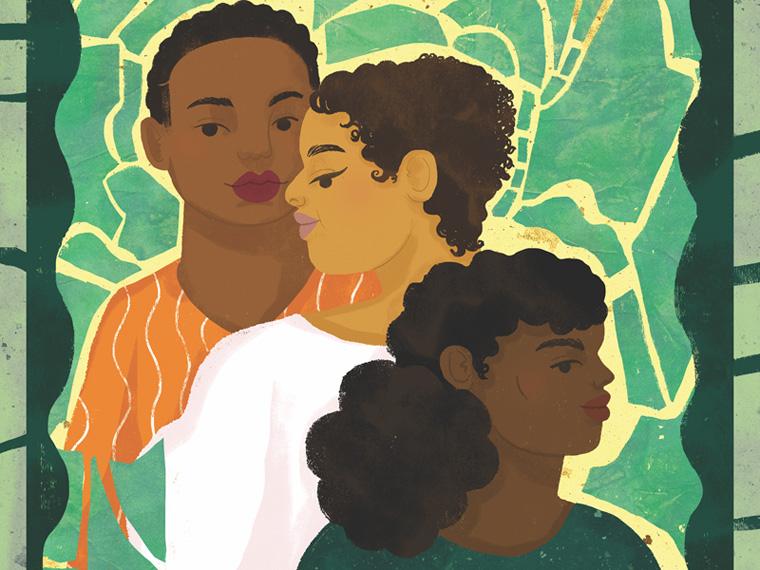 A stylized digital illustration of three individuals with dark, curly hair standing closely together against a green and gold abstract background resembling a stained glass window.