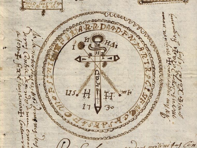 An old manuscript page featuring a circular mystical or alchemical diagram with intricate symbols, letters, and geometric elements. The central design consists of a cross with arrows, surrounded by Latin or esoteric inscriptions.