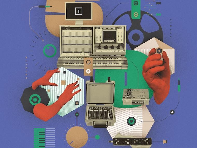 A colorful, surreal collage-style illustration featuring electronic music equipment, red hands, and geometric shapes on a deep blue background.